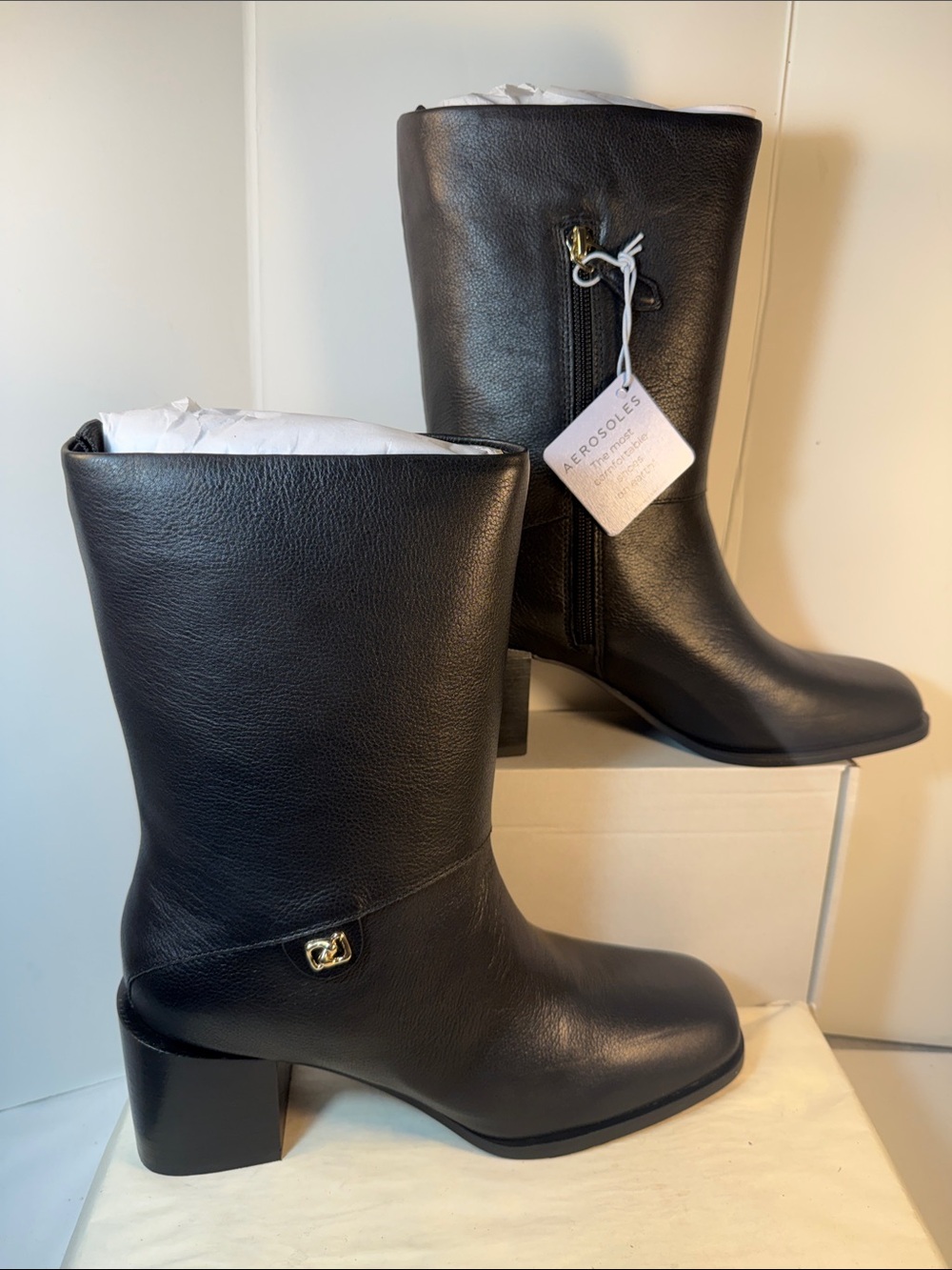 AEROSOLES Black Leather Mid-Calf Block Heel Boots